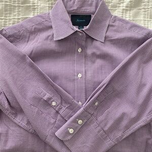 Faconnable ladies cotton gingham checked purple/white shirt w 3/4 sleeve, size 8